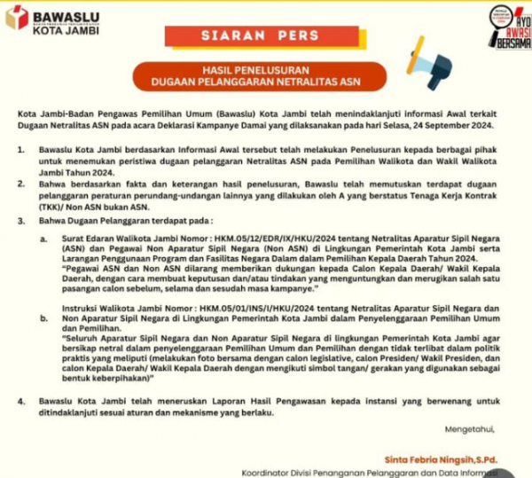 Bawaslu: Pegawai Pemkot Jambi Melanggar Netralitas ASN Saat Kampanye Cawako Maulana