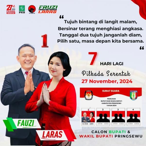 Fauzi-Laras: Sinergi Pusat dan Daerah untuk Pringsewu Bahagia, Coblos Nomor Satu