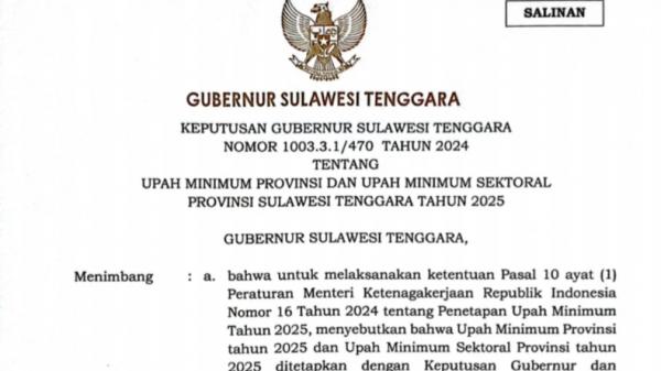 Pemprov Sultra Tetapkan UMP dan UMSP tahun 2025, naik 6,5 Persen