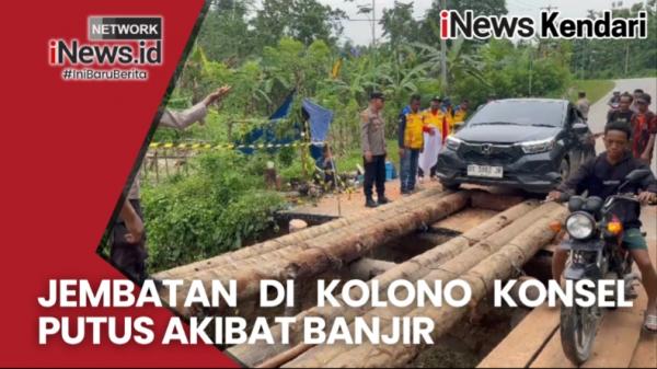 VIDEO: Jembatan di Konsel Putus Akibat Banjir, Polisi Bersama TNI dan Warga Buat Jembatan Darurat