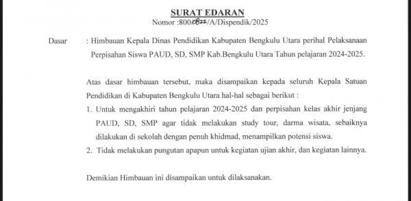 Bupati Bengkulu Utara Melarang Pihak Sekolah Lakukan Pungutan kepada Wali Murid