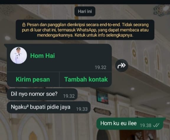 Hati - hati ! Penipuan Akun Palsu Atas Nama Bupati Pidie Jaya