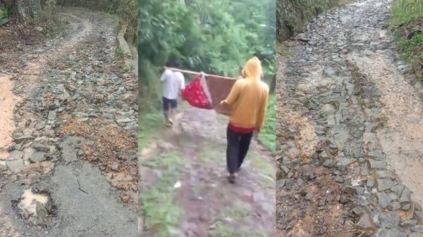 Miris! Warga KBB Gotong Pasien Sakit karena Jalan Rusak Parah