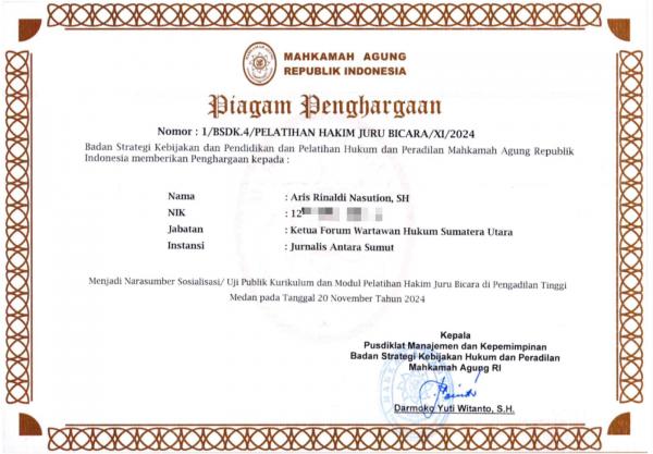 Ketua Forwakum Sumut Raih Penghargaan Mahkamah Agung 