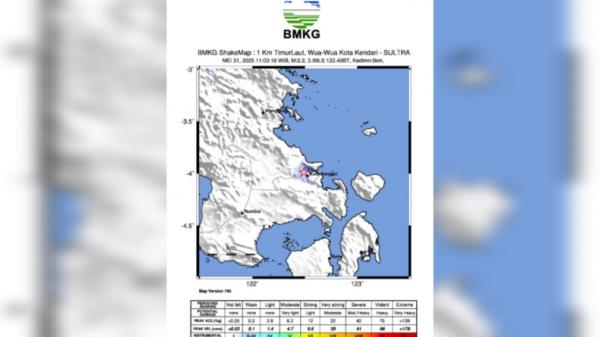 Gempa Bumi M 2,2 Guncang Kota Kendari, Dipicu Aktivitas Sesar Aktif Timur Laut Wuawua