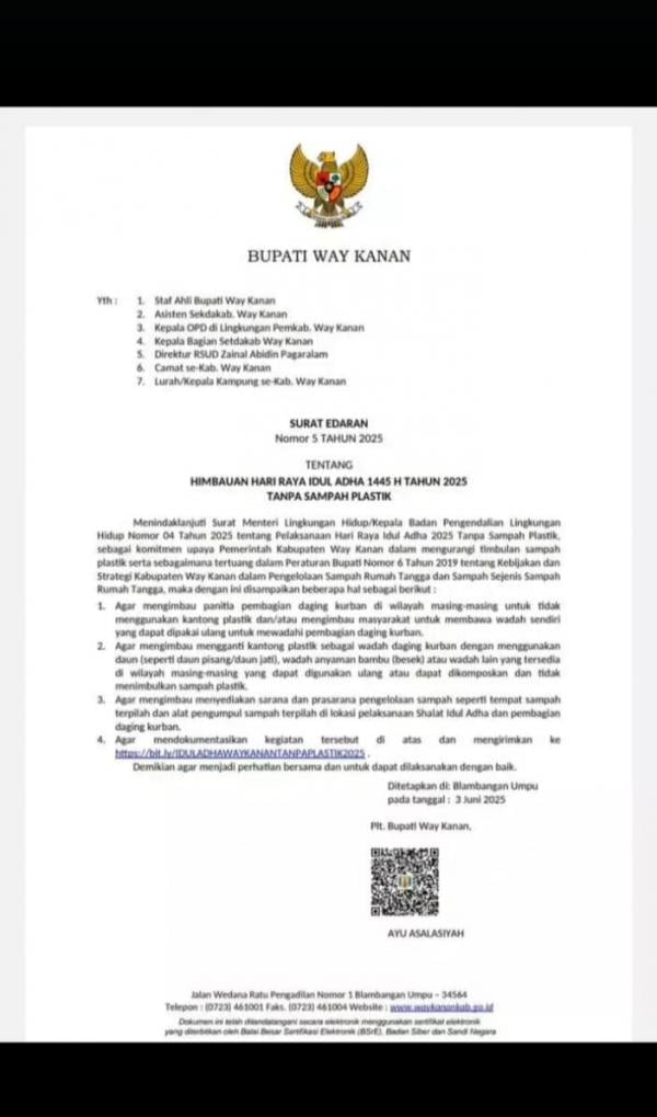 Pemkab Way Kanan Keluarkan Surat Edaran, Idul Adha Tanpa Sampah Plastik: Pakai Daun atau Anyaman
