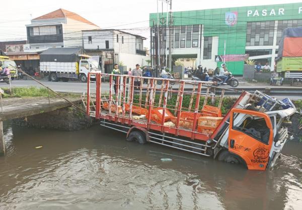 Truk Bermuatan Ayam Terjun ke Sungai di Jombang, Diduga Sopir Hilang Kendali, Begini Penampakannya