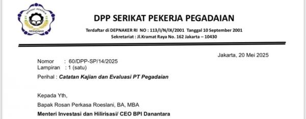 SP Pegadaian Kirim Catatan Evaluasi dan Kajian Perbaikan Kinerja PT Pegadaian ke Danantara