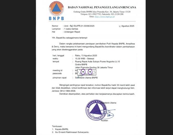 Heboh! Undangan Rapat Persiapan Pernikahan Anak Kepala BNPB Pakai Kop Resmi, Ini Penjelasannya