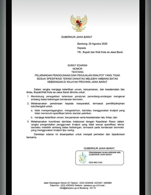 Pemprov Jabar Tegas Larang Knalpot Bising, Kepala Daerah Diminta Bersinergi