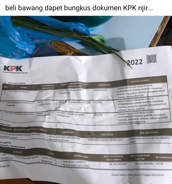 Viral! Unggahan Lembar Dokumen LHKPN Tersebar Jadi Bungkus Bawang, KPK Bilang Begini