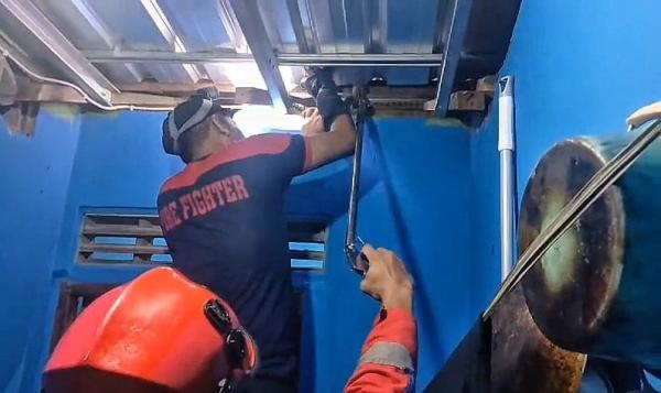Petugas Damkar Evakuasi Ular Piton 2 Meter yang Bersembunyi di Atap Kamar Mandi Rumah Warga