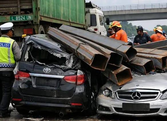 Kecelakaan Beruntun di Tol Batang: Besi Muatan Trailer Timpa Dua Mobil, 1 Orang Tewas 5 Luka