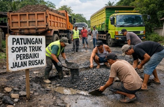Puluhan Sopir Truk di Lebak Galang Dana Perbaiki Jalan Kabupaten