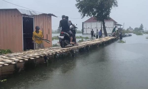 Banjir Tak Kunjung Surut, Warga Kalitengah Lamongan Bangun Jembatan Darurat 70 Meter