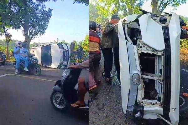 Diduga Mengantuk, Mobil Avanza Terguling dan Tabrak Motor di Kapas Bojonegoro