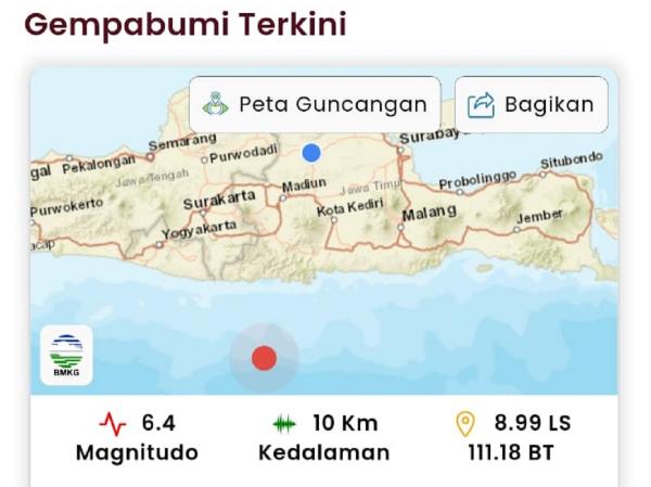 Gempa Magnitudo 6,4 Guncang Pacitan, Getaran Terasa hingga Bojonegoro
