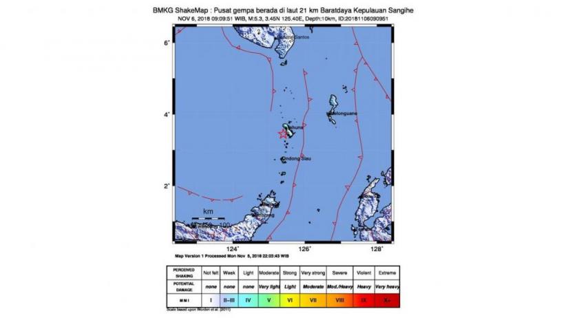 Gempa Bumi 5,3 SR Guncang Kepulauan Sangihe, Tak Berpotensi Tsunami