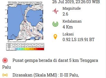 Gempa Bumi Magnitudo 2.8 Guncang Kota Palu Jumat Dini Hari