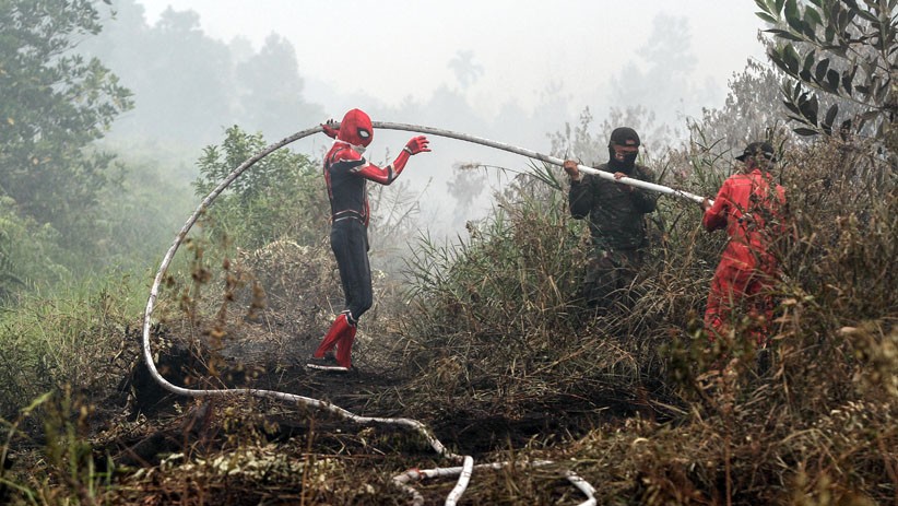 Aksi Spiderman Bantu Pemadaman Kebakaran Lahan di Riau - Bagian 2