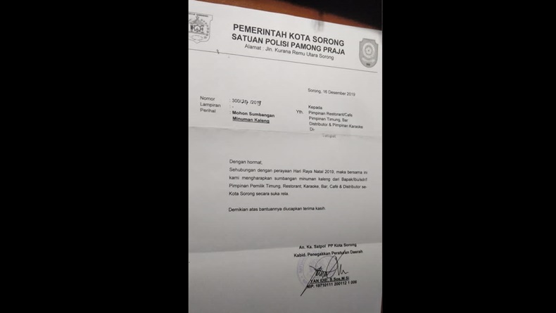 Jelang Natal, Beredar Surat Permohonan Sumbangan Diduga dari Satpol PP Kota Sorong