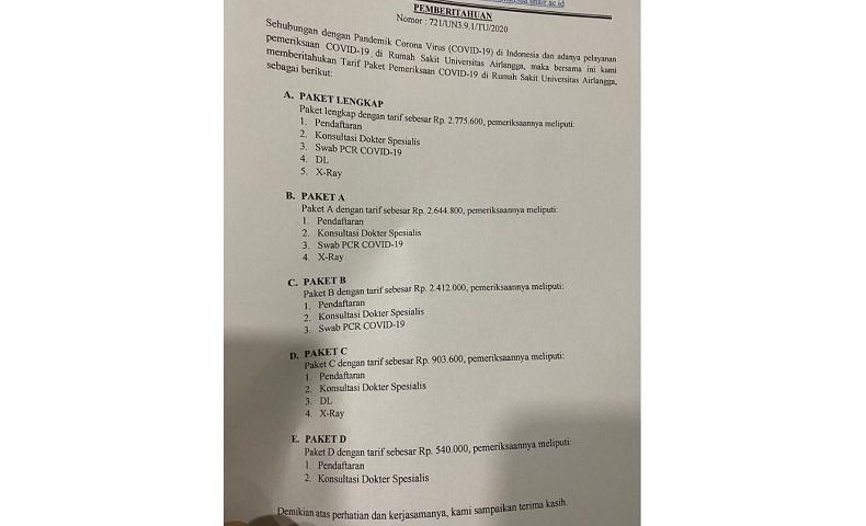 Daftar Tarif Pemeriksaan Korona di RSUA Beredar di Medsos, Ini Klarifikasi Kampus Unair