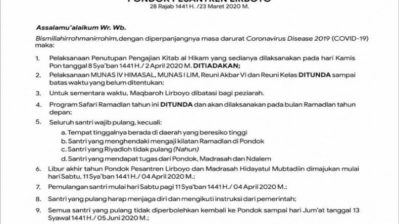Maklumat Ponpes Lirboyo Kediri: Kegiatan Ramadan 2020 Ditiadakan