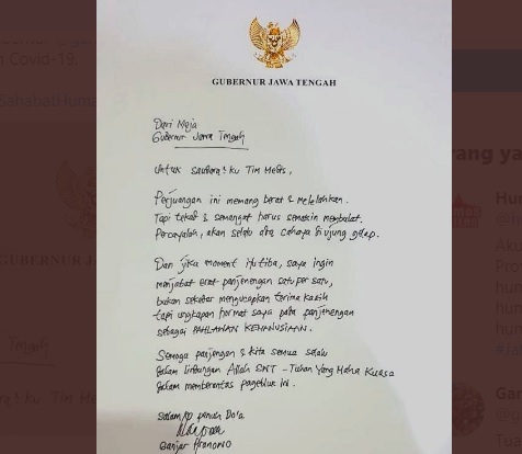 Ganjar Pranowo Tulis Puisi Semangati Tim Medis Tangani Pasien Corona