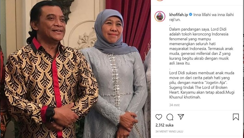 Didi Kempot Meninggal Dunia, Gubernur Khofifah Ungkap Rasa Duka lewat Instagram