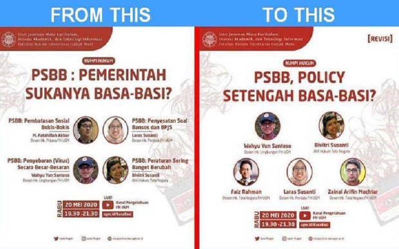 title Diskusi PSBB 'Pemerintah Sukanya Basa-Basi' Diubah, Dekan FH UGM: Bahasa Anak Muda Diskusi PSBB 'Pemerintah Sukanya Basa-Basi' Diubah, Dekan FH UGM: Bahasa Anak Muda