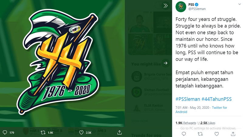 PS Sleman ulang tahun ke-44 tanggal 20 Mei 2020 (foto: Twitter)