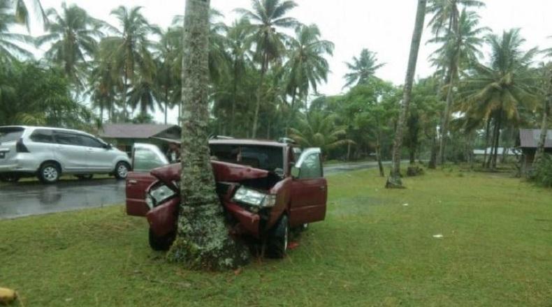 Terkejut Ada Batu Melayang, Sopir Banting Setir, Minibus Tabrak Pohon di Arcamanik