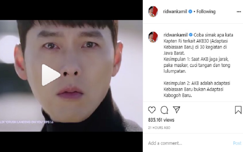 Ridwan Kamil Unggah Video Kapten Ri untuk Sosialisasi AKB30 di Jabar
