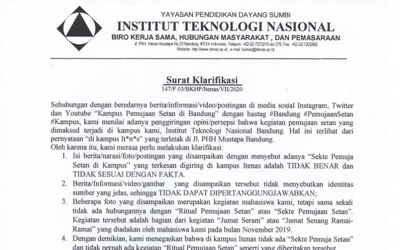 Geger Tudingan Gelar Ritual Sekte Pemuja Setan, Ini Klarifikasi Itenas Bandung