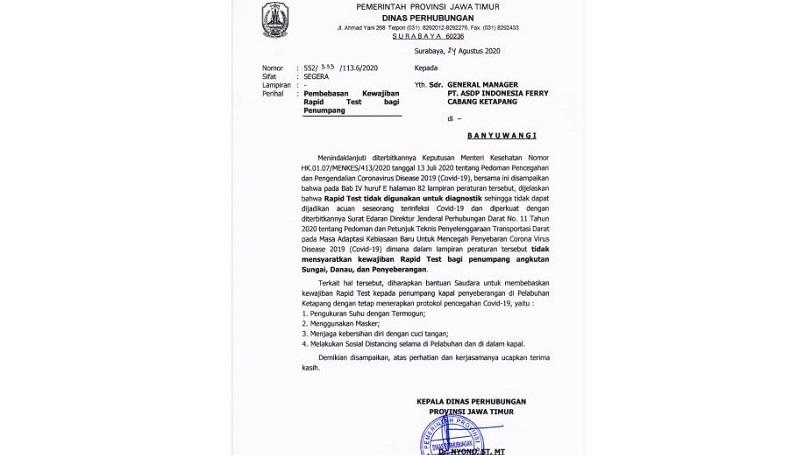 Dishub Jatim Minta Pengelola Penyeberangan Kapal Ferry Ketapang Bebaskan Rapid Test Penumpang