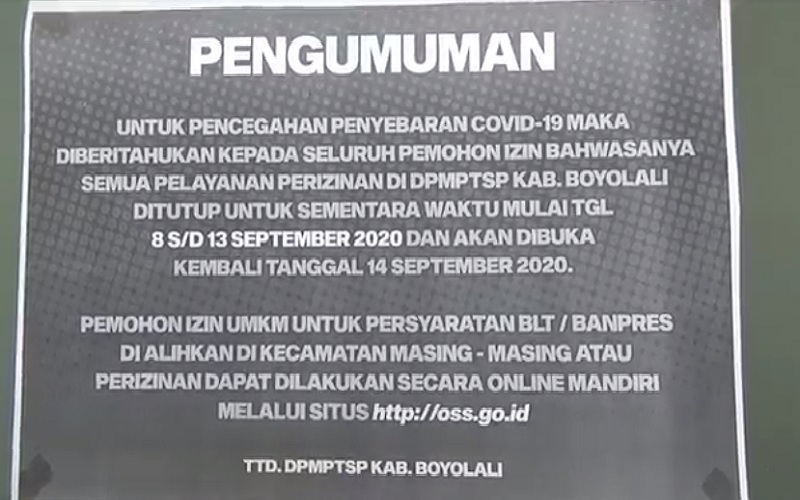 Satu Pegawai Front Office Positif Covid-19, Kantor Perizinan di Boyolali Ditutup