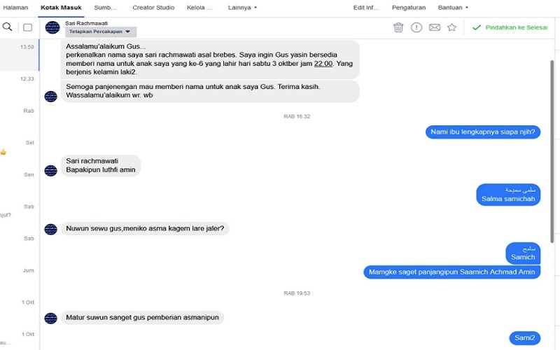 Tak Ada Persiapan, Orang Tua di Brebes Chat Gus Yasin Minta Saran Nama Bayi