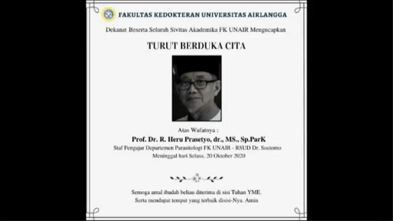 Berita Duka, Guru Besar Fakultas Kedokteran Unair Meninggal Diduga akibat Covid-19