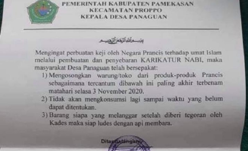 Viral, Surat Kades Berisi Ajakan Boikot Produk Prancis Disertai Ancaman