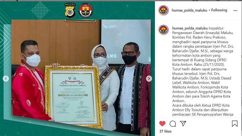 Mantan Kapolda Maluku Irjen Pol Baharudin Djafar Resmi Dianugerahi Warga Kehormatan Kota Ambon