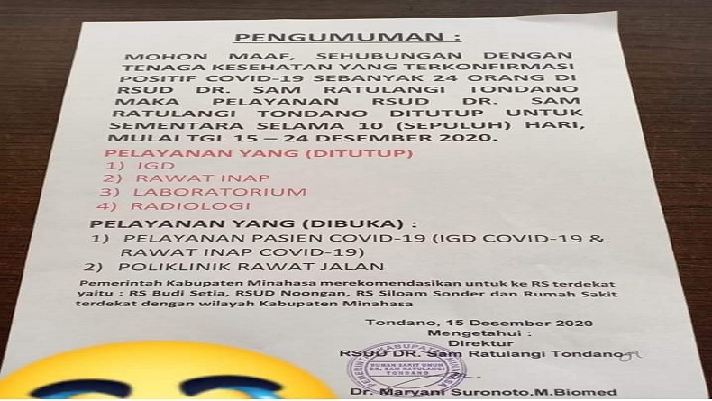 24 Tenaga Kesehatan Positif Covid-19, RSUD Dr Sam Ratulangi Tondano Tutup Sementara