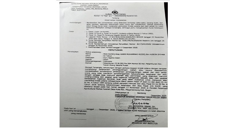 Ini Penampakan Surat Penetapan Tersangka Habib Rizieq terkait Kasus Megamendung