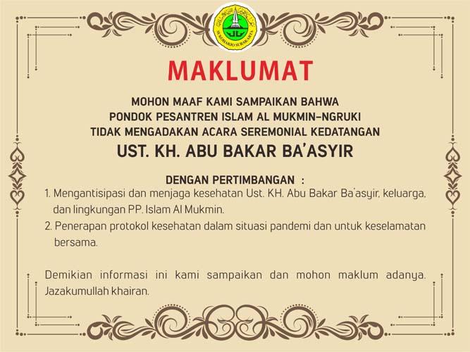 Ponpes Ngruki Tak Gelar Penyambutan Besar-besaran Kedatangan Baasyir, Ini Alasannya