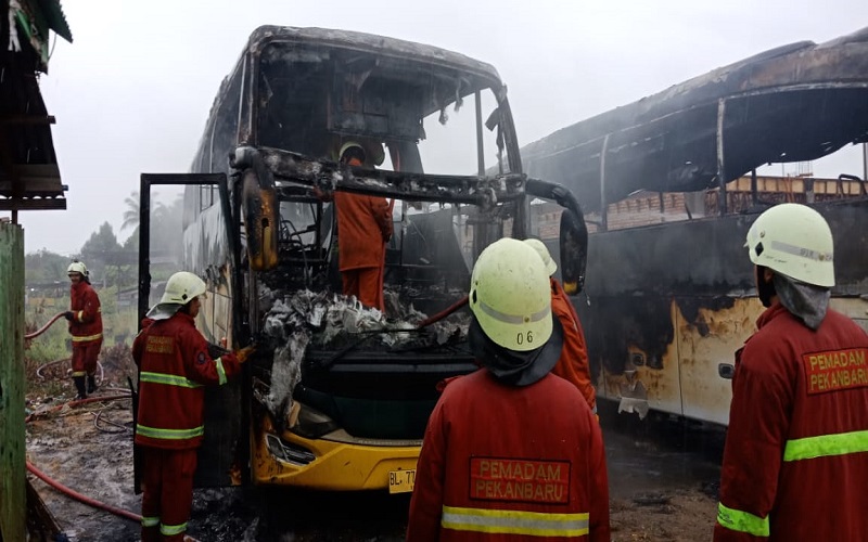 title 2 Bus Pariwisata di Pekanbaru Terbakar di Areal Parkir 2 Bus Pariwisata di Pekanbaru Terbakar di Areal Parkir