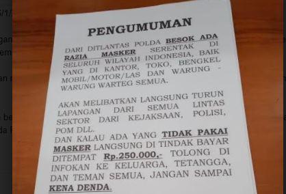Heboh Razia Masker Denda Rp250.000, Polda Jambi: Tidak Benar Alias Hoaks