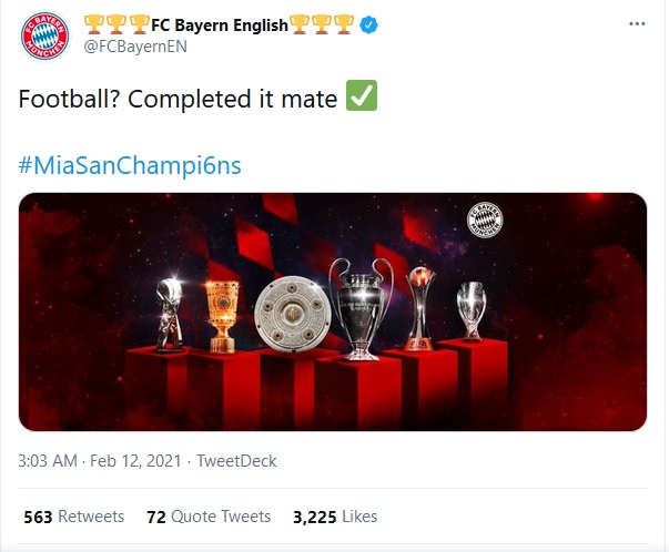 Bayern Pelatih Bayern Munchen Hansi Flick memuji kinerja pasukannya usai memastikan trofi Piala Dunia Antarklub 2020. (Foto: Twitter Bayern)