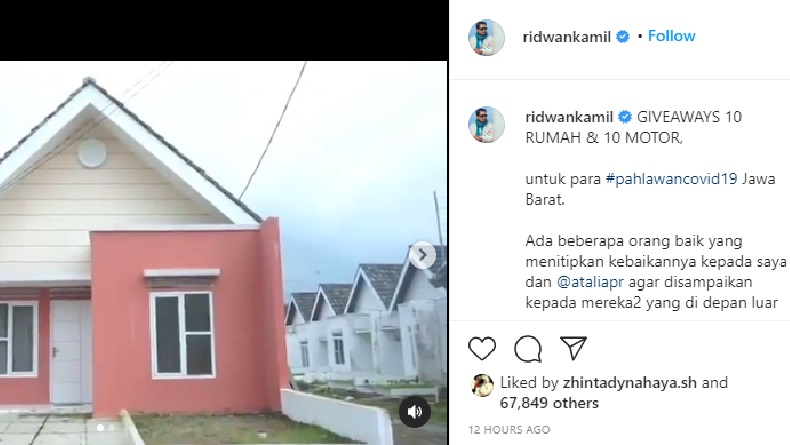 Gubernur Ridwan Kamil Giveaway 10 Rumah dan Motor untuk Pahlawan Covid