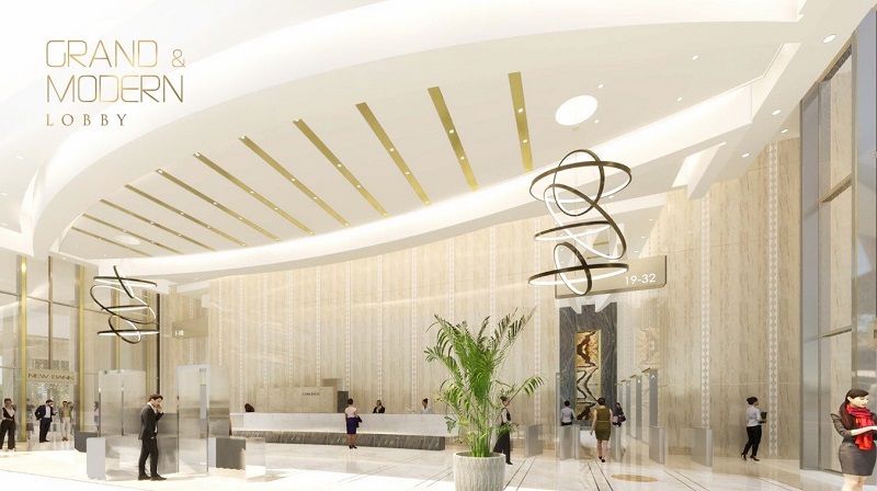 Lobby Premium Office Tower dengan ceiling yang tinggi terlihat megah dan modern yang didesain oleh DYXY, Los Angeles, California, USA.