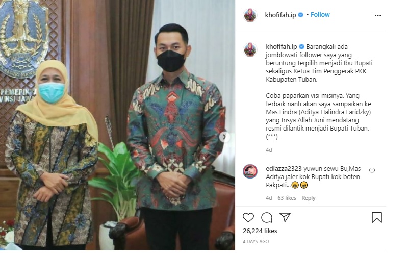 Unggah Foto Bareng Bupati Terpilih Tuban, Instagram Gubernur Khofifah Diserbu Warganet