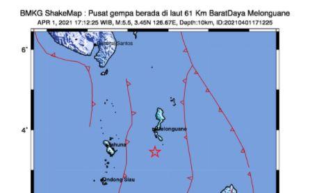 Gempa Terkini Magnitudo 5,5 Guncang Melonguane Sulut, Berpusat di Laut